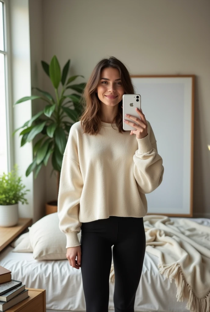 A young Caucasian woman in her twenties with slightly wavy, shoulder-length brown hair is standing in her modern bedroom. She wears a loose, comfortable cream-colored sweater and fitted black yoga pants, which show off her figure. Her hair falls naturally around her face, framing her delicate features. She holds her smartphone with one hand in front of her mirror, capturing a photo of herself. His expression is relaxed and slightly smiling, showing a feeling of comfort and relaxation. The room is modern with neutral colors, minimalist furniture, and a potted green plant in the corner. There is a large framed mirror against the wall behind her, reflecting part of the room. Natural light enters through a large window to its left, creating a bright and warm atmosphere. Details like stacked books, a soft rug, and a designer lamp add a personal touch to the scene.
