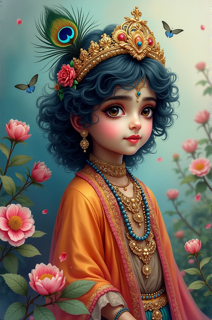 Lord krishna in dark colour in cute attire with vibrant background in watercolor medium