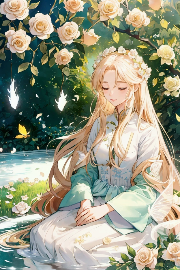 Close-up macro 2D rendering animation,A white fairy,With transparent wings and long golden hair,Sitting on top of white roses in the garden。Rose flower with many petals,in full bloom。The background is a lush green garden,There are more roses and plants。The image has an anime style,With maximum detail and high definition。Overall image illuminated by sunny morning light。