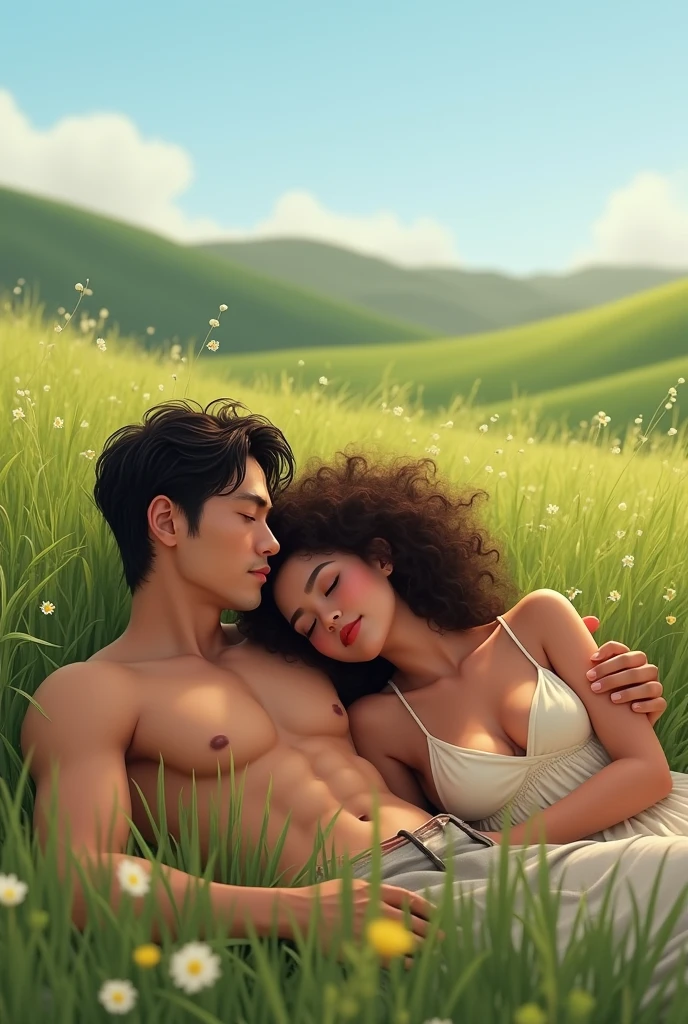 Strong Korean man lying on grass with curly haired Brazilian woman in a field.