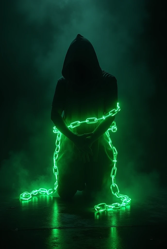 A shadow of darkness On its knees tied to chains of green glow