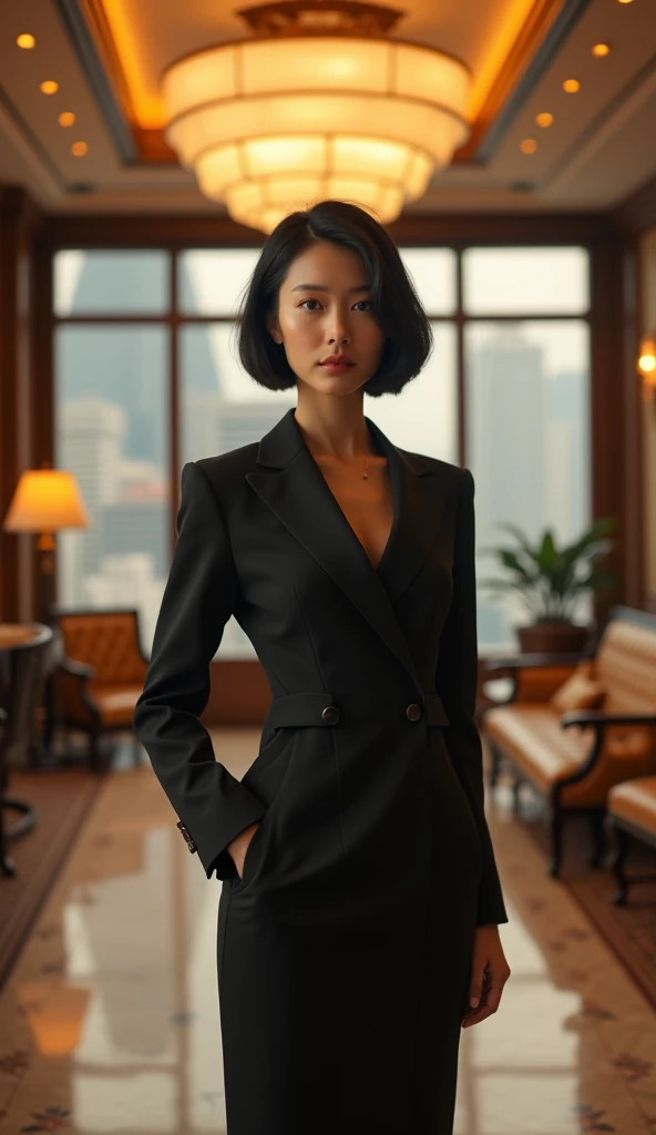 (Best quality, Japanese woman, 4, short black hair, (standing in hallway), luxury city hotel, (elegant outfit:1.2), warm lighting)