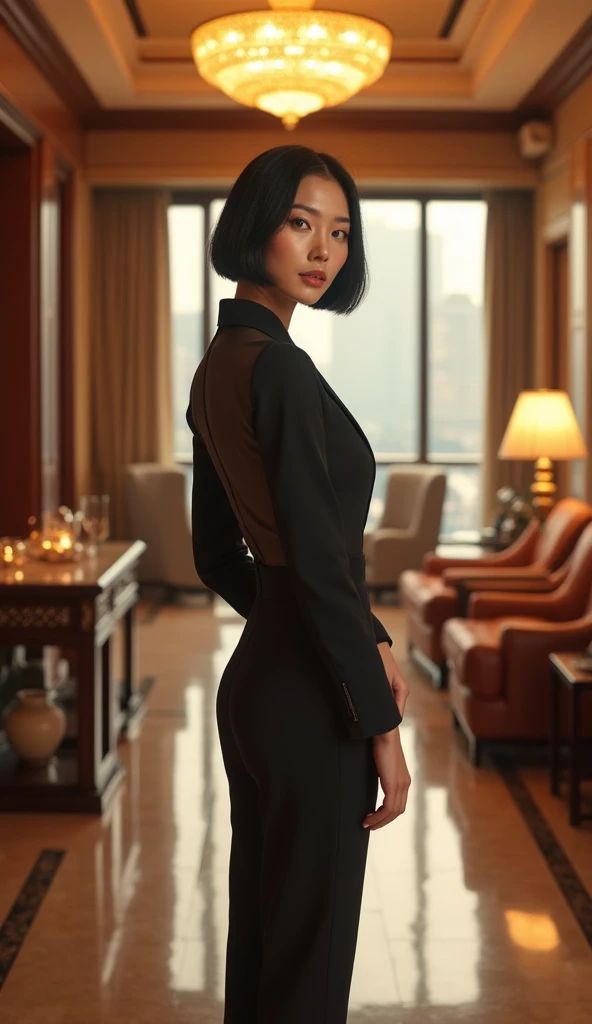 (Best quality, Japanese woman, 4, short black hair, (standing in hallway), luxury city hotel, (elegant outfit:1.2), warm lighting)