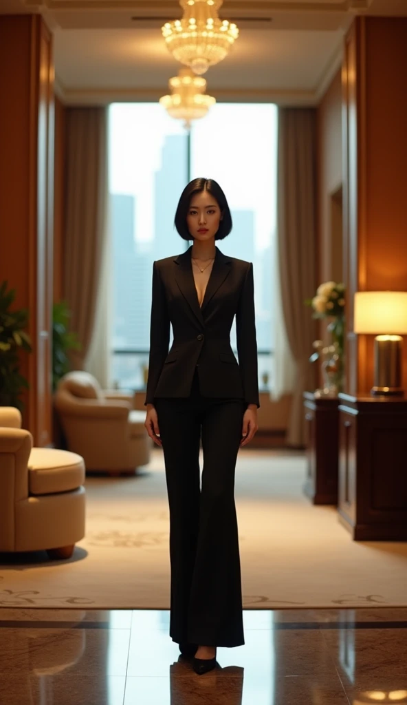 (Best quality, Japanese woman, 4, short black hair, (standing in hallway), luxury city hotel, (elegant outfit:1.2), warm lighting)
