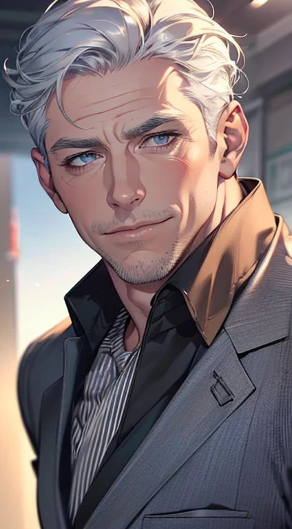 (best quality,4k,8k,highres,masterpiece:1.2),ultra-detailed,(realistic,photorealistic,photo-realistic:1.37),1 man,3,mature man,very handsome,without expression,smile,short grey white hair,blue eyes,penetrating gaze,perfect face without errors,imposing posture,businessman,office background,cinematic lighting,hdr image
