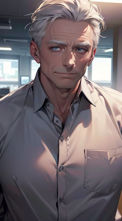 (best quality,4k,8k,highres,masterpiece:1.2),ultra-detailed,(realistic,photorealistic,photo-realistic:1.37),1 man,3,mature man,very handsome,without expression,smile,short grey white hair,blue eyes,penetrating gaze,perfect face without errors,imposing posture,businessman,office background,cinematic lighting,hdr image