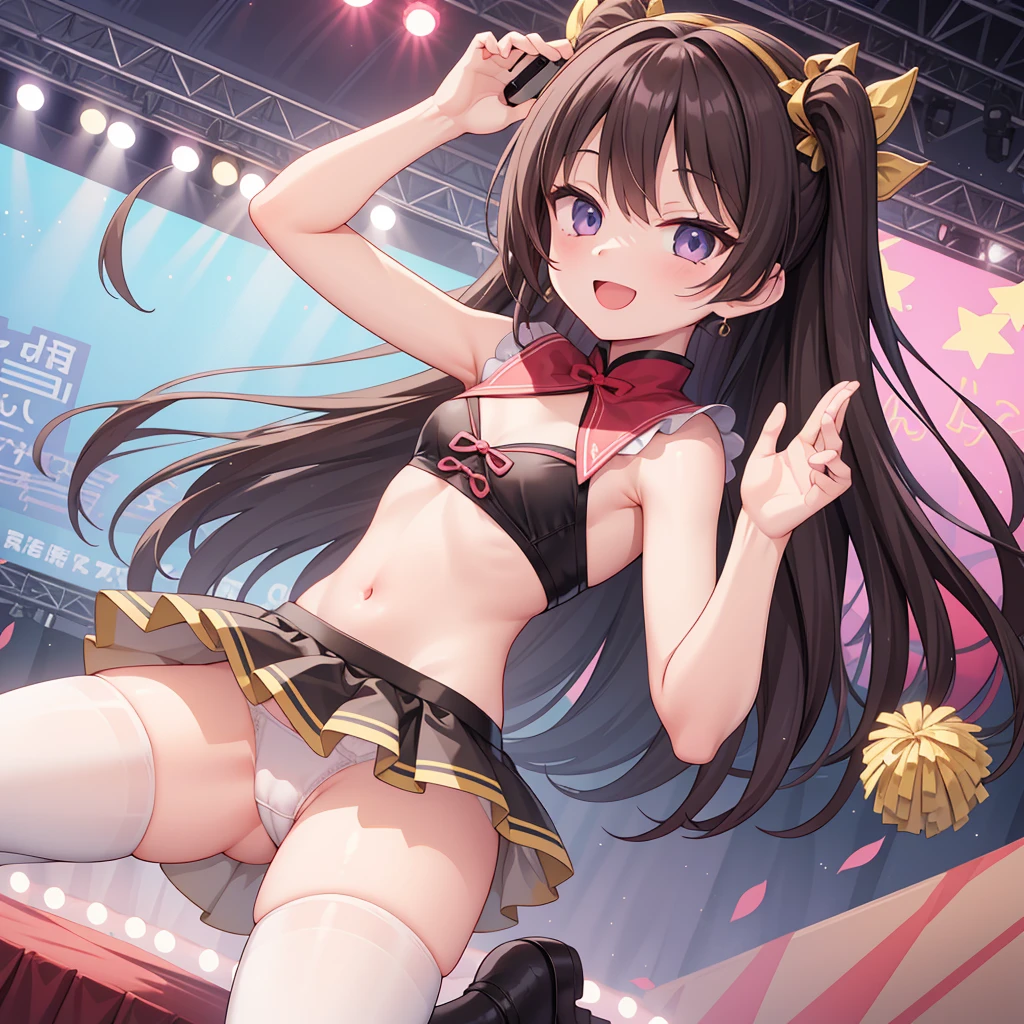 Idol@Stre,Idol服裝,Take photos with fans,Idol合照,1 Girl,Small Breasts,anime style,best quality,stage,mini skirt,white underwear,Jump high,Smile cheerfully,Random pose,she&#39;she踢得很高，underwear都露出來了,underwear