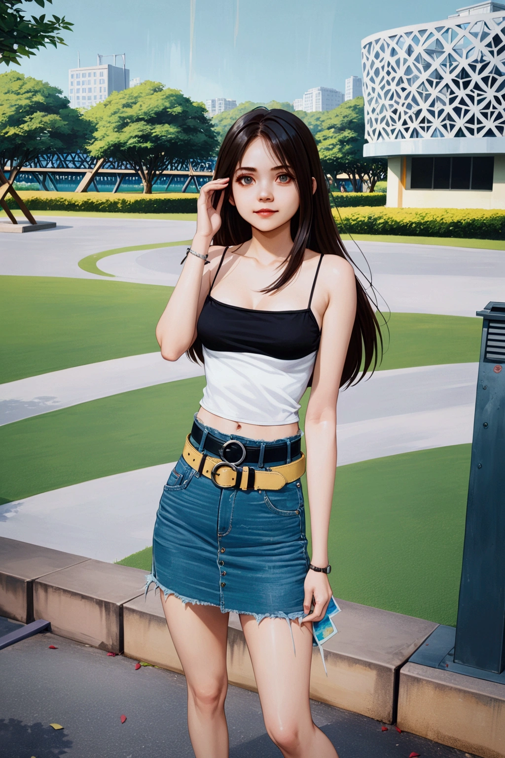 realistic anime illustration of pretty young woman is posing at park, she has black long wavy hair (+forehead), wearing black camisole, over with white tanktop, aegeon-blue denim pencil mini skirt with belt, (1girl, solo, full body), (masterpiece, best quality, japanese anime style), (expressive eyes, perfect face)
