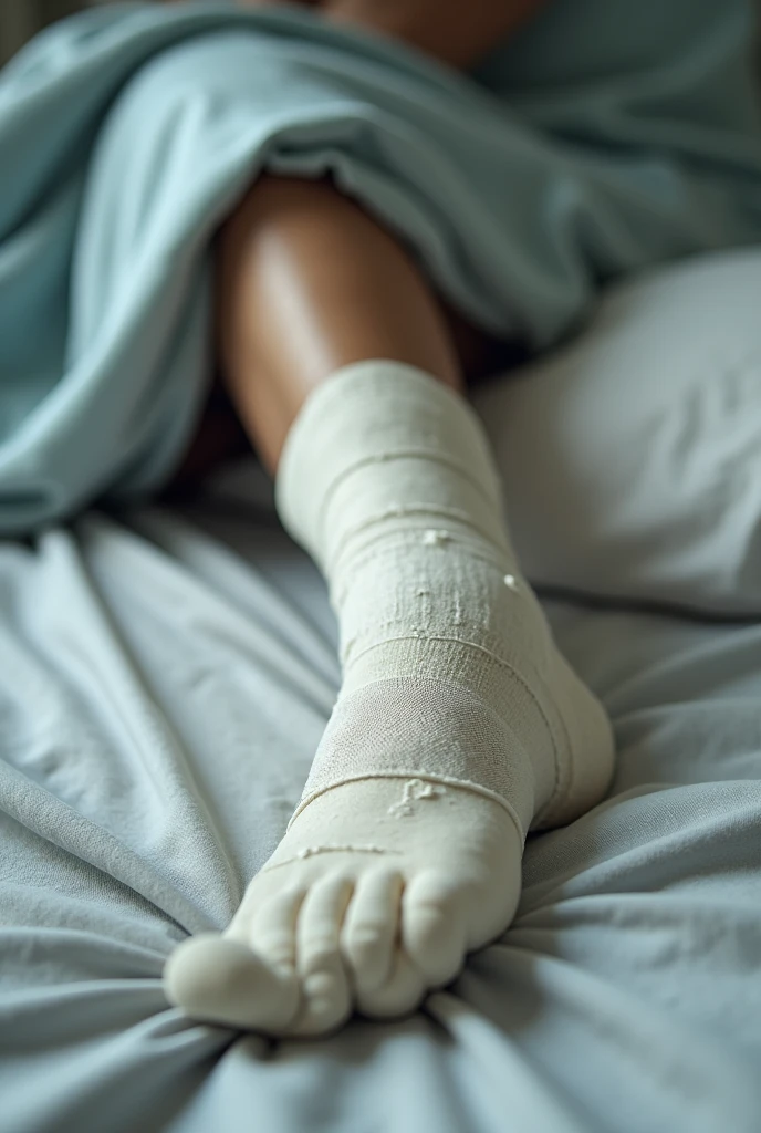 Fracture plaster on mid colour foot in the bed only foot