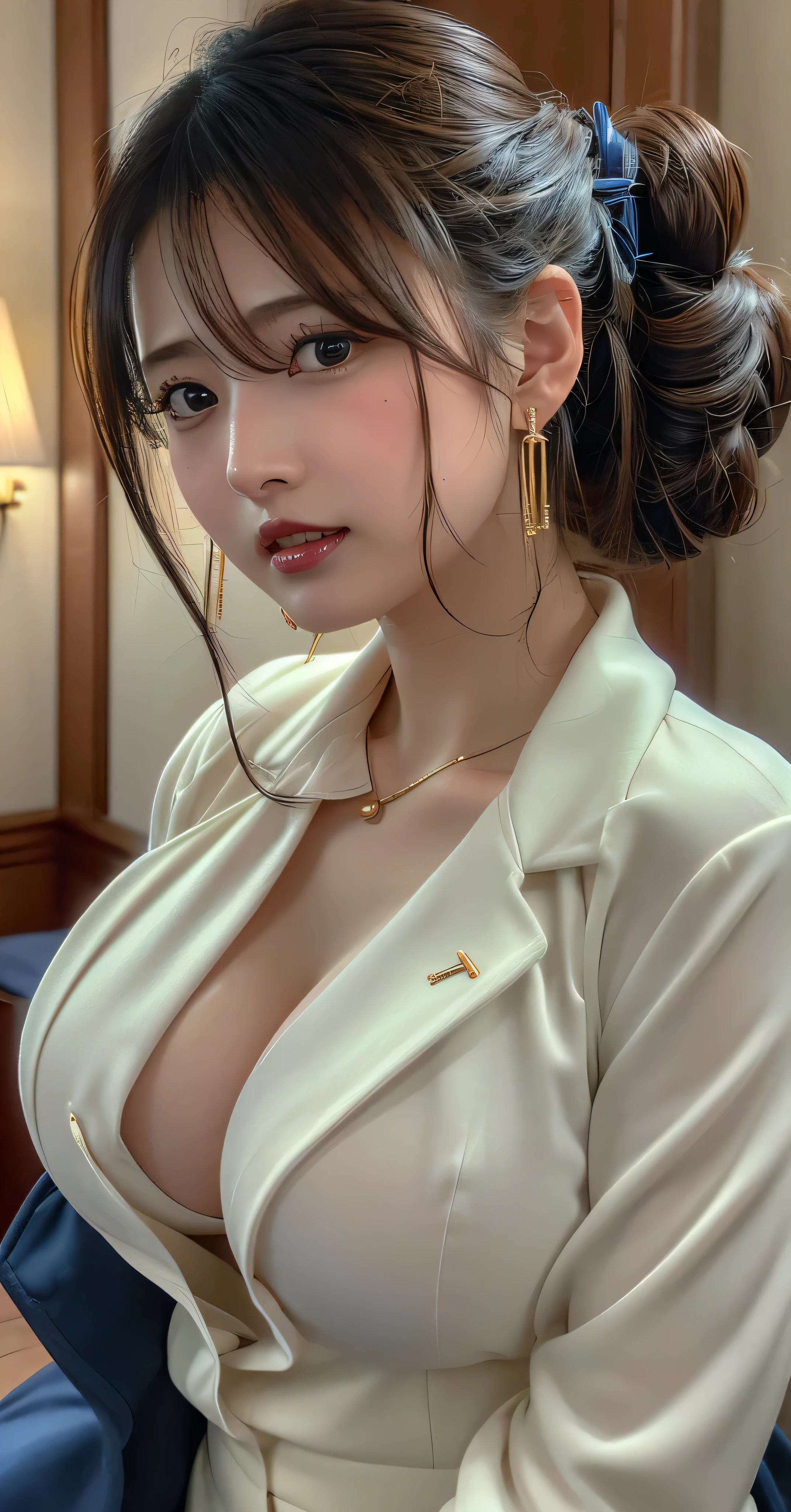 (8k,RAW Photos,Like the picture:1.45),masterpiece,Highest quality,wonderful,(セクシーなMature Woman:1),(Mature Woman:1.3), (3 woman.1.3)、(((very, very大きい)))、(((Extremely lewd and very huge boobs)))、(((Very deep cleavage)))、Hyper Real、In the lounge of a luxury hotel、A beautiful and dignified smile、Beautiful white skin、Beautiful, delicate and precise skin texture、With long, fluffy, beautiful brown hair((Updo:1.35))、Beautiful Japanese Women、(Big Ass)、Thick thighs、Bright red lips、Gold earrings、Gold bracelet、Gold Necklace、{Royal Blue Suit(White blouse)}, 
