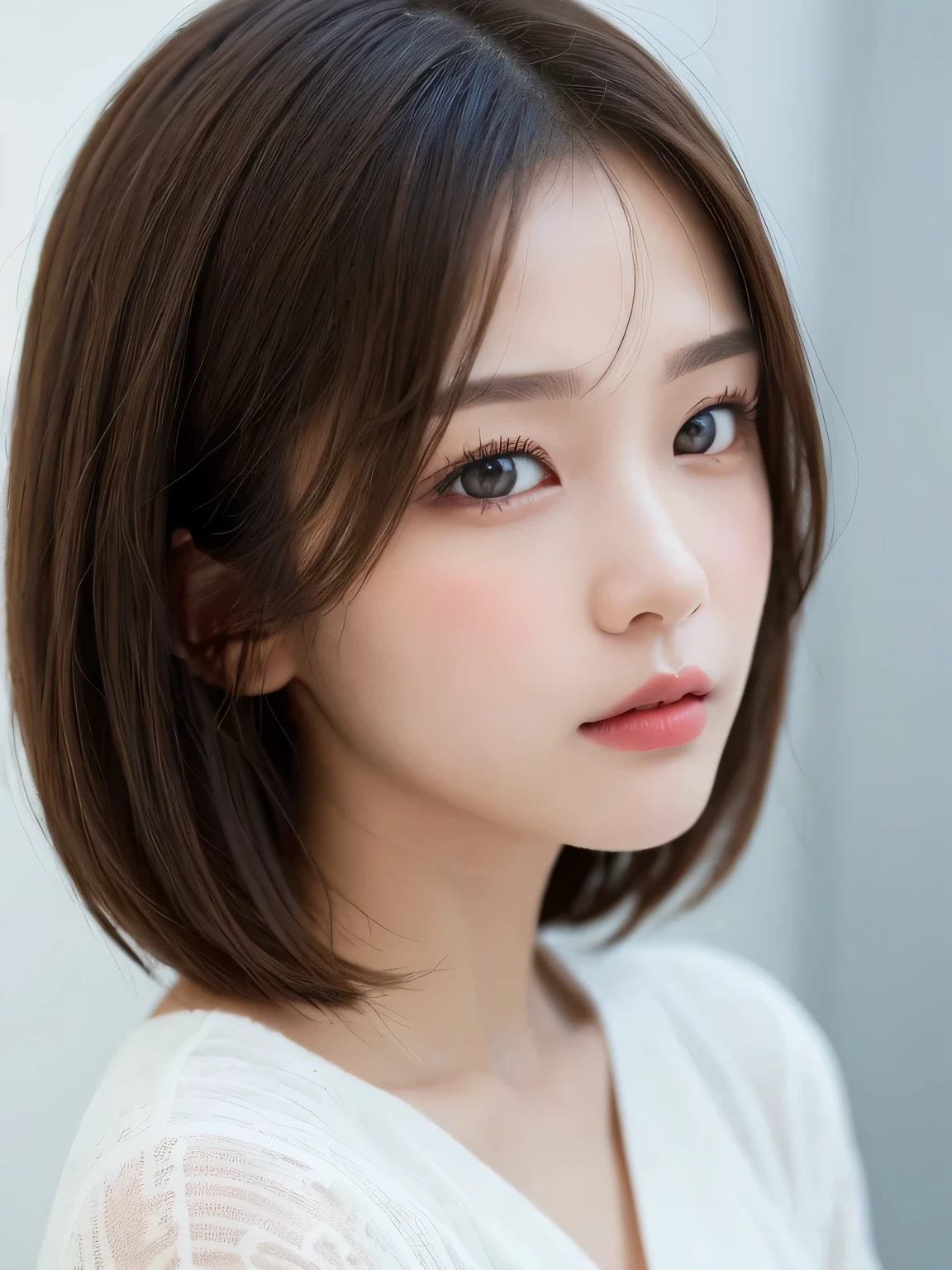 ((Browsing Caution))、(masterpiece:1.5)、(8k)、(Realistic:1.5)、RAW Photos、(Best image quality:1.harp focus:1.5)、 Highest quality、masterpiece、Ultra-high resolution、Perfect dynamic composition、 20-year-old、thin、Beautiful woman:1.4、Sers expression、 She is wearing a white long-sleeved knit dress.、 Light brown hair、Bobcut、Shiny Hair、 Highly detailed face、Detailed eyes、double eyelid、 Natural color lip、Beautiful Skin、