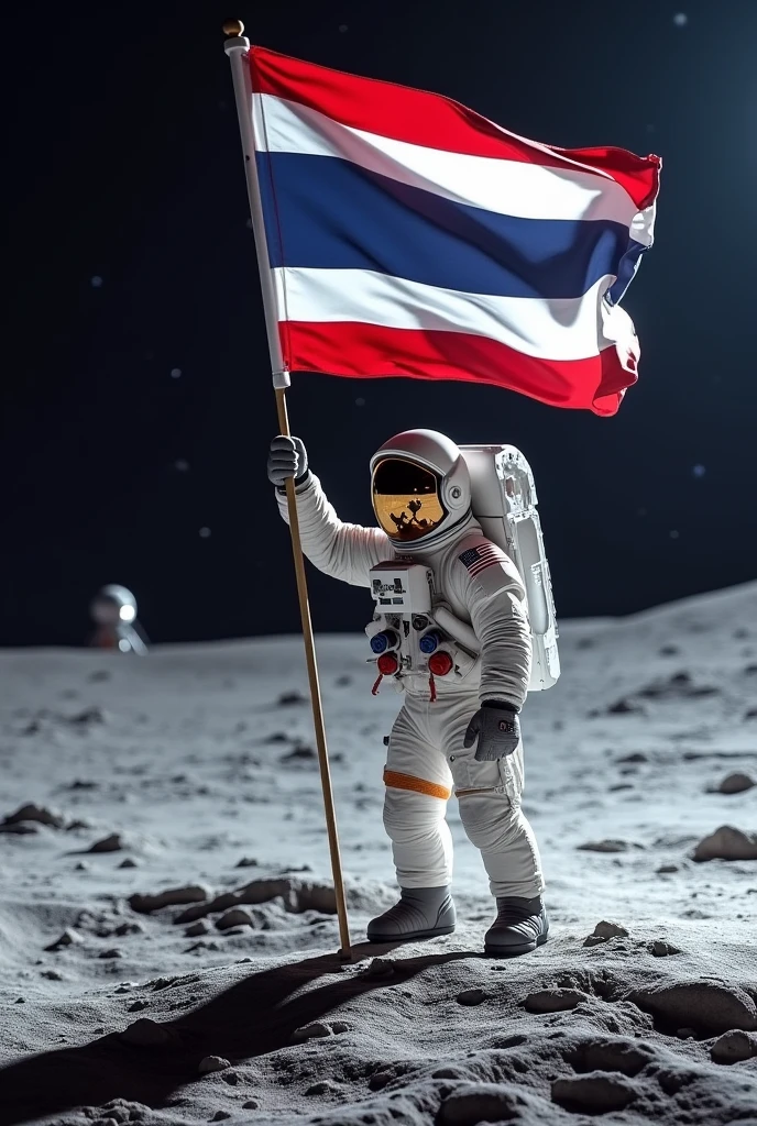 An astronaut holds a Thai flag on the moon with a spacecraft next to him.