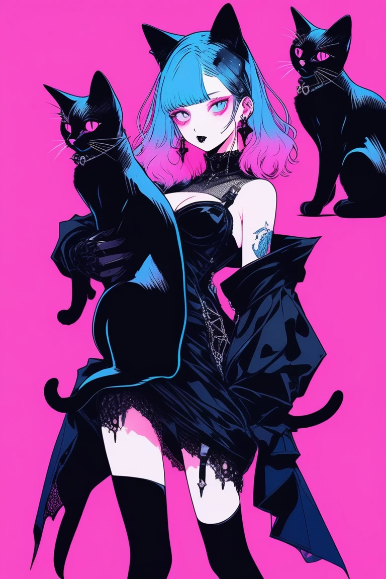 Illustrator, anime , Realistic ,sketch , 1 person, model, Portraiture, lip, Gothic Black split-off mesh dress and boots, Expose your shoulders, order, Blue and pink gradient background, Neon colored hair, Big Breasts, (((whole body))), (((look back))), Holding a black kitten, Sexy look, Sexy pose, Texture Trim, Russia, (masterpiece,Highest quality)