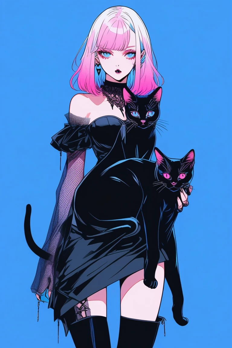Illustrator, anime , Realistic ,sketch , 1 person, model, Age 25, lip, A black gothic dress with abundant lace and a see-through design., order, Blue and pink gradient background, Neon Medium Hair, Big Breasts, look back, Upper Body, Holding a black cat, Sexy look, Texture Trim, Canadian, (masterpiece,Highest quality)