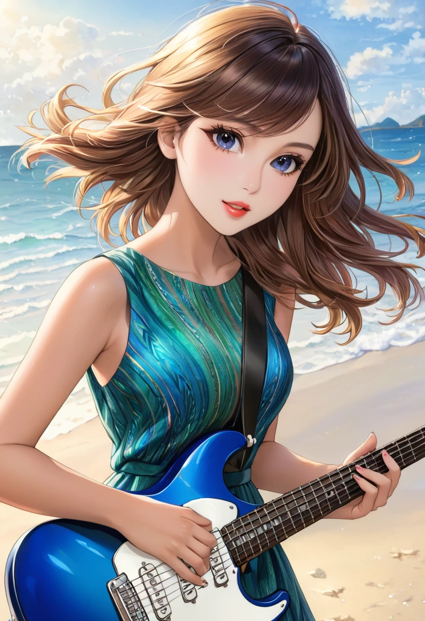 a beautiful woman in a sleeveless dress, elegant dress playing electric guitar, creative, Stage at the seaside、art, colored pencil drawing, detailed face and eyes, long eyelashes, delicate features, serene expression, natural lighting, vibrant colors, intricate textures, 8k, masterpiece, digital art、photorealistic,