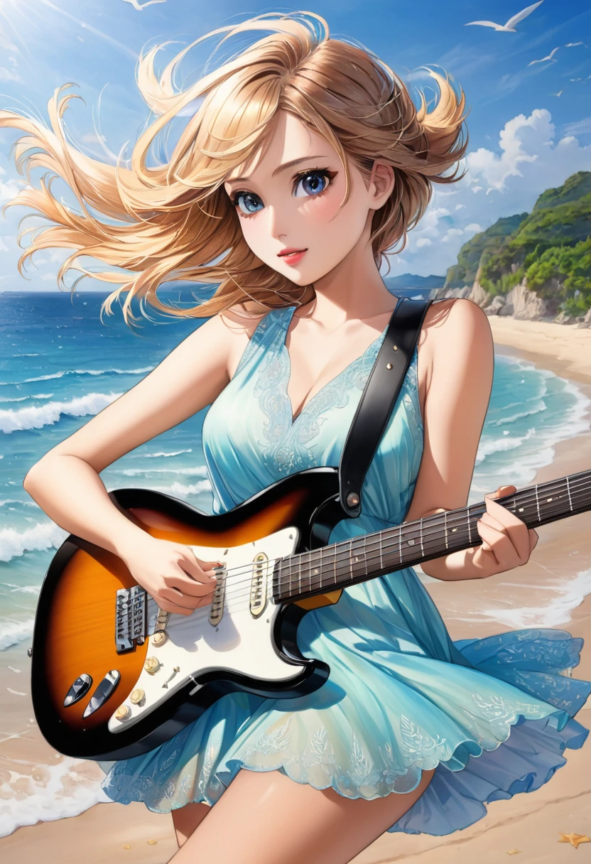 a beautiful woman in a sleeveless dress, elegant dress playing electric guitar, creative, Stage at the seaside、art, colored pencil drawing, detailed face and eyes, long eyelashes, delicate features, serene expression, natural lighting, vibrant colors, intricate textures, 8k, masterpiece, digital art、photorealistic,