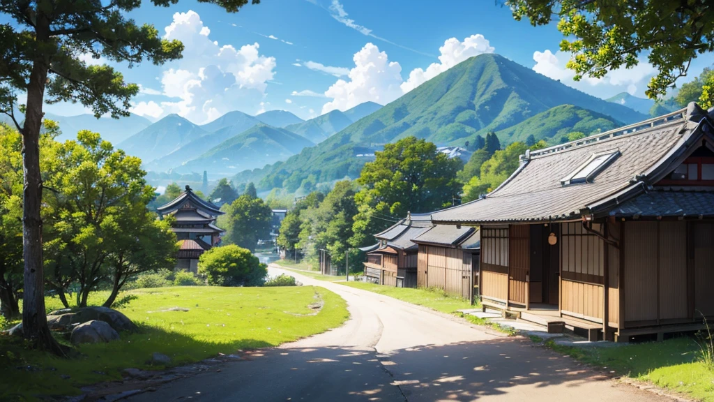 A Japanese-style village in the middle of nature, with forests, trees, mountains, wide and long green fields, blue sky and white clouds. There is a small road and people walking in the distance at the end. 