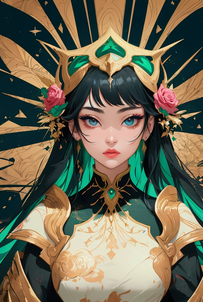 Arms behind back, masterpiece, best quality, dynamic, cinematic, mystical, beautuful japanese girl, beautiful detailed eyes, beautiful detailed lips, extremely detailed eyes and face, long eyelashes, teacherly pose, advanced modern expressionism, rich textures, amalgamation of modern and classical influences, diverse materials, high contrast, pink rose, vivid colors, gold liquid splatter, emerald green background, breathtaking color palette, flowing elegance, sharp geometric symbolism, Leyendecker, Jackson Pollock splatter dynamics, Gustav Klimt ornamental gold, chiaroscuro, kaleidoscopic, multidimensional, ethereal glow, captivating uniqueness, surreal juxtapositions, visual symphony, unforgettable visual narrative, edgy, mathematical, simple-shaped vectors, highly modern, stylistic, polygonal abstraction, vector art, bold lines, minimalist color scheme, digital art, abstract geometry