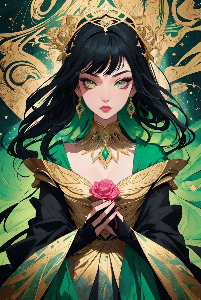 Arms behind back, masterpiece, best quality, dynamic, cinematic, mystical, beautuful japanese girl, beautiful detailed eyes, beautiful detailed lips, extremely detailed eyes and face, long eyelashes, teacherly pose, advanced modern expressionism, rich textures, amalgamation of modern and classical influences, diverse materials, high contrast, pink rose, vivid colors, gold liquid splatter, emerald green background, breathtaking color palette, flowing elegance, sharp geometric symbolism, Leyendecker, Jackson Pollock splatter dynamics, Gustav Klimt ornamental gold, chiaroscuro, kaleidoscopic, multidimensional, ethereal glow, captivating uniqueness, surreal juxtapositions, visual symphony, unforgettable visual narrative, edgy, mathematical, simple-shaped vectors, highly modern, stylistic, polygonal abstraction, vector art, bold lines, minimalist color scheme, digital art, abstract geometry