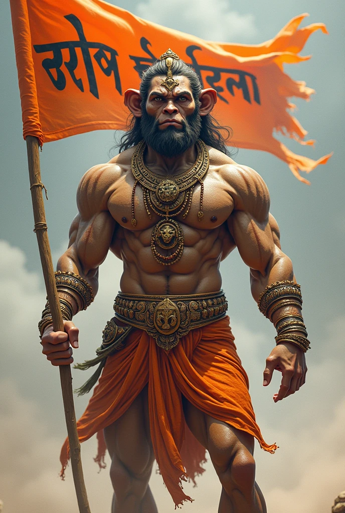Hindu Monkey God Hanuman holding flag on which jay shri ram is written in marathi and ornaments on whole body the hanuman is muscular monkey-human make it more manly and fair skin tone