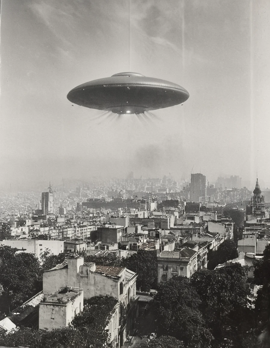 vintage photo, 35mm, black and white shot of a big ufo hovering over Buenos Aires city in 1936, very detailed