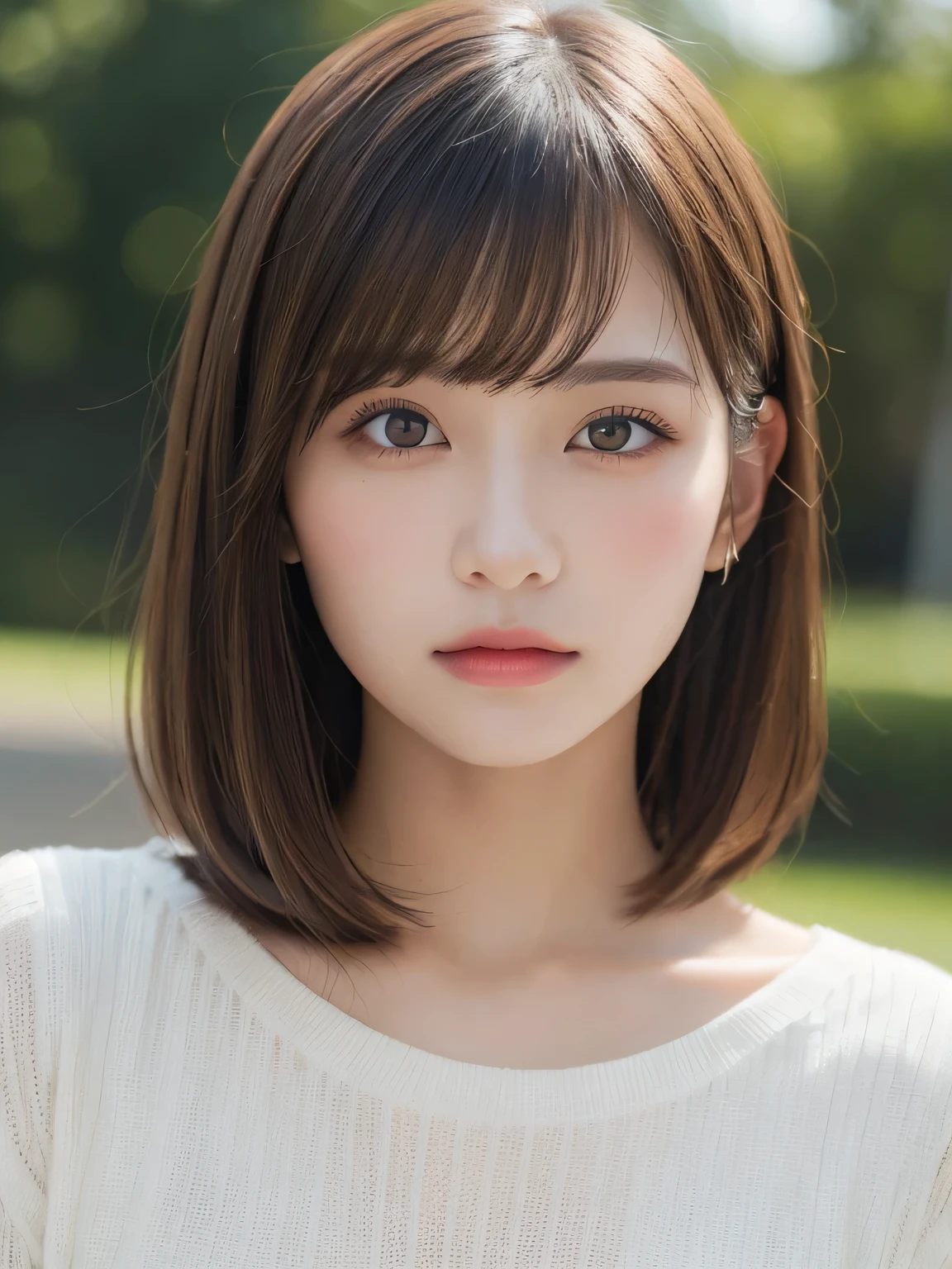 ((Browsing Caution))、(masterpiece:1.5)、(8k)、(Realistic:1.5)、RAW Photos、(Best image quality:1.4)、(Sharp focus:1.5)、 Highest quality、masterpiece、Ultra-high resolution、Perfect dynamic composition、 20-year-old、thin、Beautiful woman:1.4、Serious expression、 She is wearing a white long-sleeved knit dress.、 Light brown hair、Bobcut、Shiny Hair、 Highly detailed face、Detailed eyes、double eyelid、 Natural color lip、Beautiful Skin、