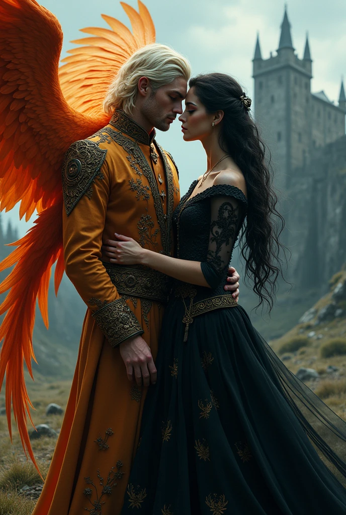 A fair haired male, half human and half phoenix wearing elegant clothes standing next to a beautiful 20 year old dark haired female, half human and half raven. They both are in love. They jave serious expressions. The background is dark with a crumbling castle far away.