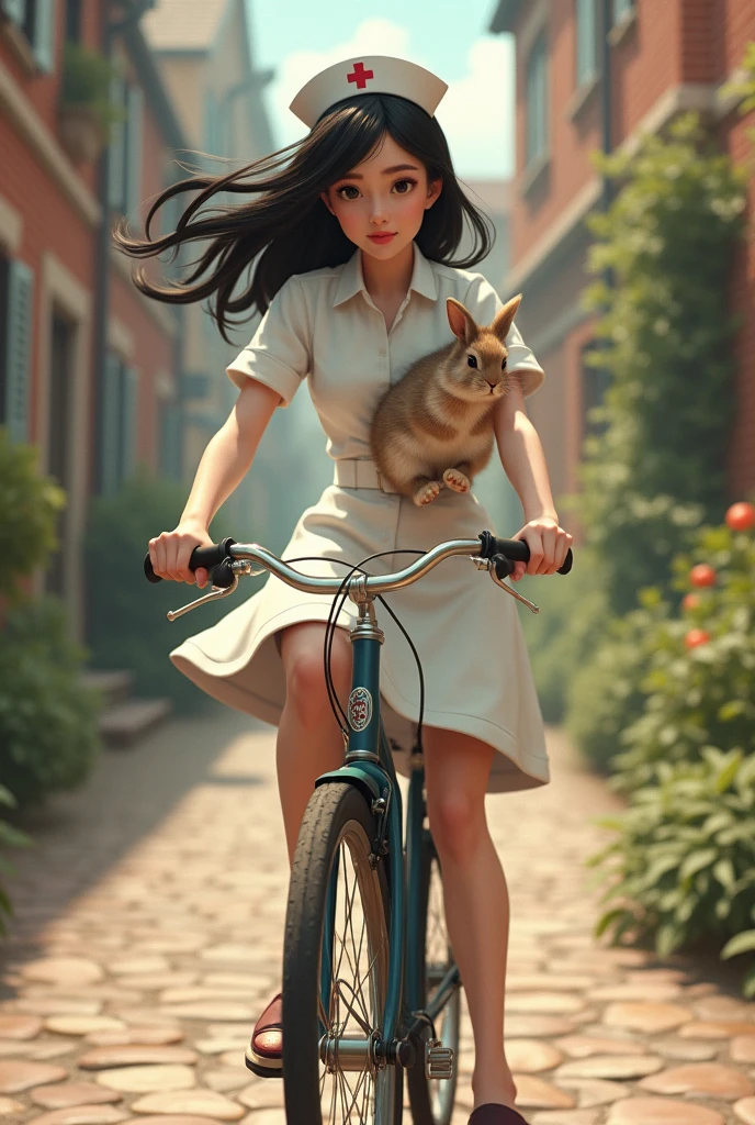 Dark-haired nurse riding a bicycle、Carrying a rabbit。