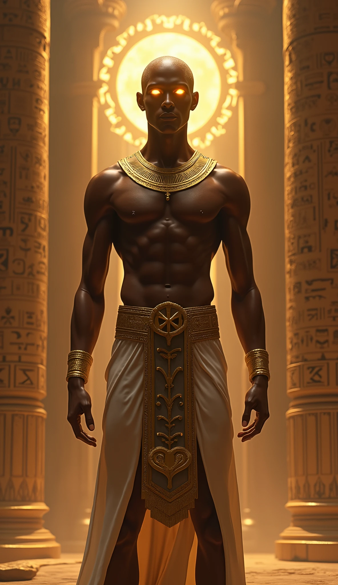 Depict Atum, a male deity from Egyptian mythology, with dark brown skin, and a youthful appearance with a clean-shaven head. His eyes are golden, symbolizing his divine power. Atum is shown initiating creation with traditional Egyptian elements such as hieroglyphs and gold accents. Include a cosmic landscape inspired by ancient Egyptian art. Use masterpiece, best quality, CG, wallpaper, HDR, high quality, ultra detailed face, cinematic, high detail, 8k, raw, high, artstation HQ, unreal engine, octane renderer, 4k resolution, hyperrealistic, highly detailed, and absurdres settings
