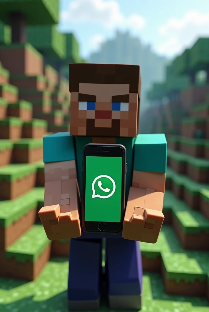 A Minecraft guy holding a cell phone showing the WhatsApp logo but in the Minecraft world, Do , Do uma skin bonita
