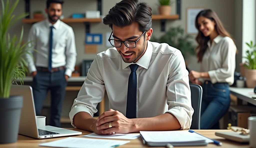 Vijay's business gradually growing, showing a bustling office, happy employees, and a busy storefront with customers.