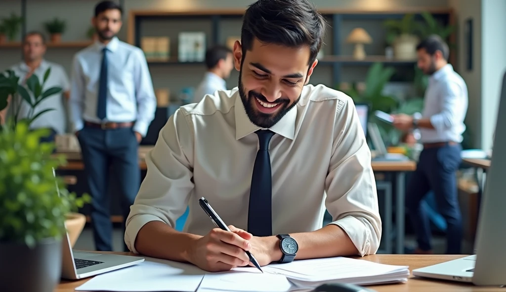 Vijay's business gradually growing, showing a bustling office, happy employees, and a busy storefront with customers.