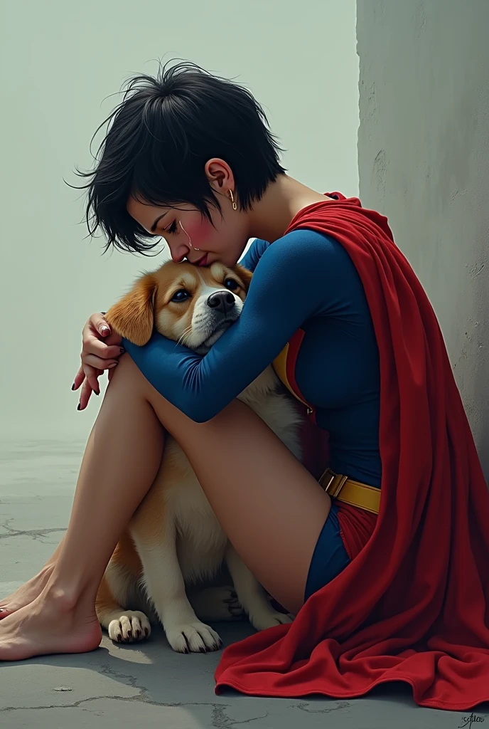 Short haired brunette woman wearing a superman costume, physically strong, sitting on the asphalt street, Hugging a dog, Grieving, side perspective, sobbing. brazil.