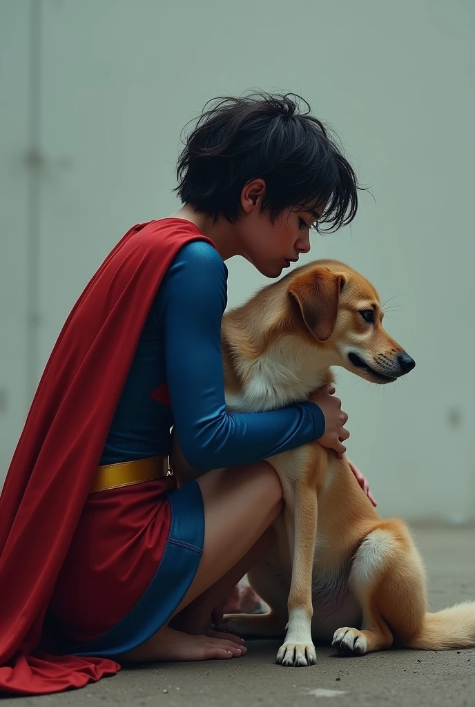 Short haired woman wearing a superman costume, sitting unpaved, Hugging a dog, Grieving, side perspective, sobbing.