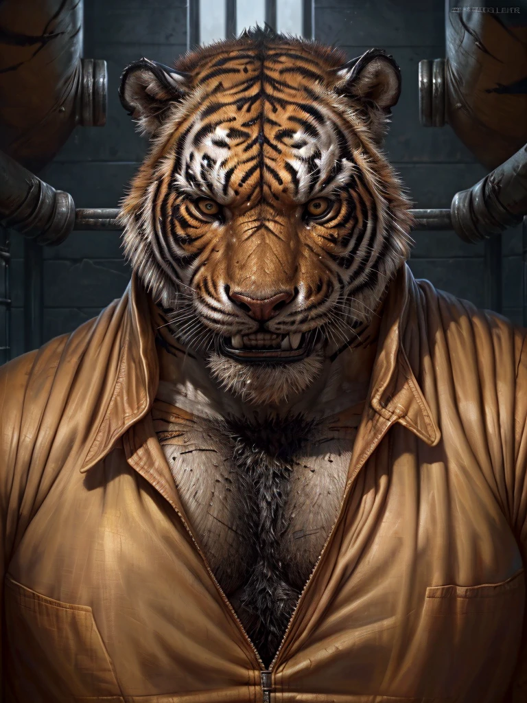 Prison setting, prison cell, tiger, equine, orange clothing, prison jumpsuit, flex, muscular, barazoku, evil grin, torn clothing,
by taran fiddler, [by morticus], (Sharp focus, masterpiece, 8k, intricate artwork, hyper detailed, high detail),