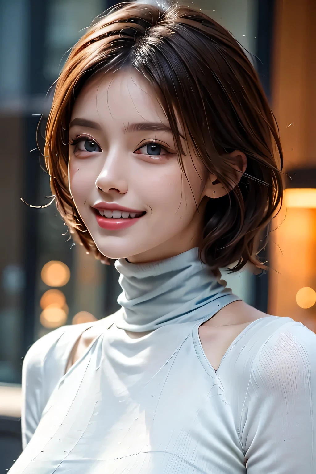 ((masterpiece)), ((Highest quality)), ((Complex)), ((Surreal)), (Realistic), (Mature Woman), ((There are no classes)), Very detailed, (1 female), Beautiful and exquisite, (Beautiful Teeth), Grin, Brunette bob hair, Brown eyes, ((Blue turtleneck)), (Upper Body), (background:none), Perfect Eyes, Captivating eyes, Looking at the audience