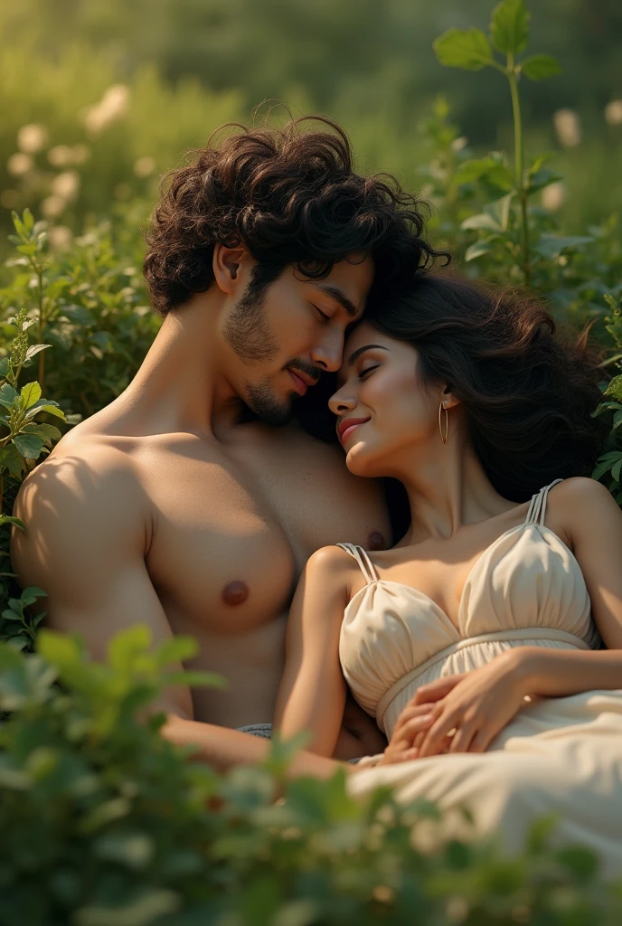 Cute face strong Korean man lying on grass with curly hair Brazilian woman in a field.