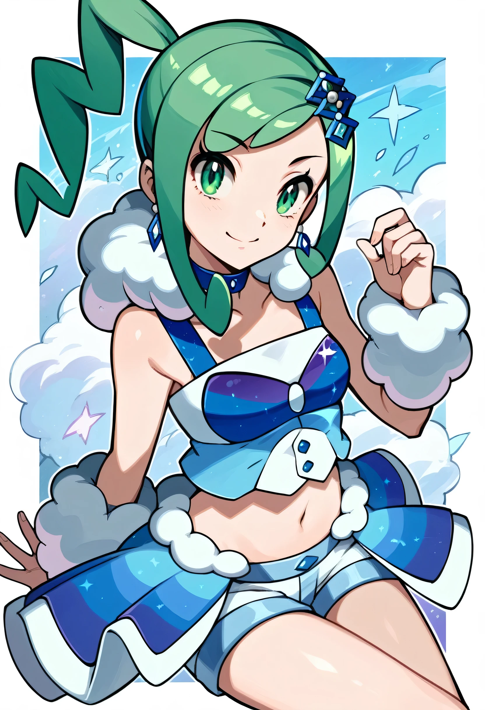 score_9, score_8_up, score_7_up, source anime,1girl,solo,lisia \(pokemon\),green eyes,green hair,bare shoulders,dress,earrings,hair ornament,jewelry,navel,shorts,showgirl skirt,single thighhigh,choker,looking at viewer,smile