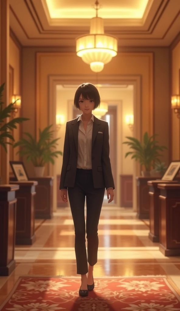 (1girl, Japanese, 4, short black hair, (wearing a blazer), walking in luxury hotel hallway, (soft lighting:1.2))
