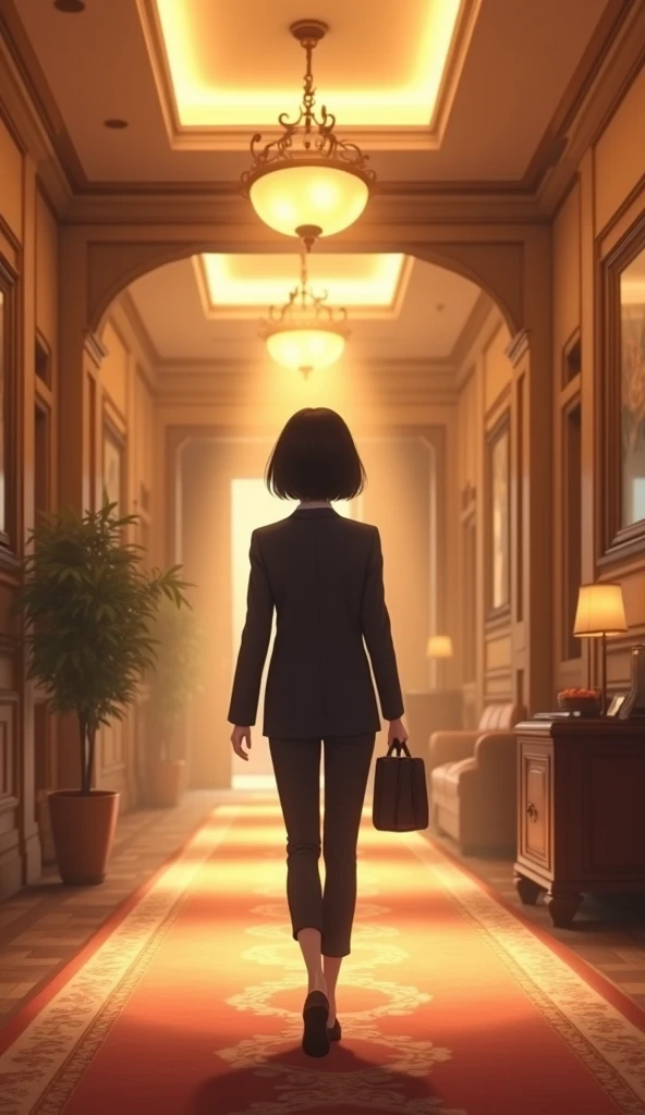(1girl, Japanese, 4, short black hair, (wearing a blazer), walking in luxury hotel hallway, (soft lighting:1.2))