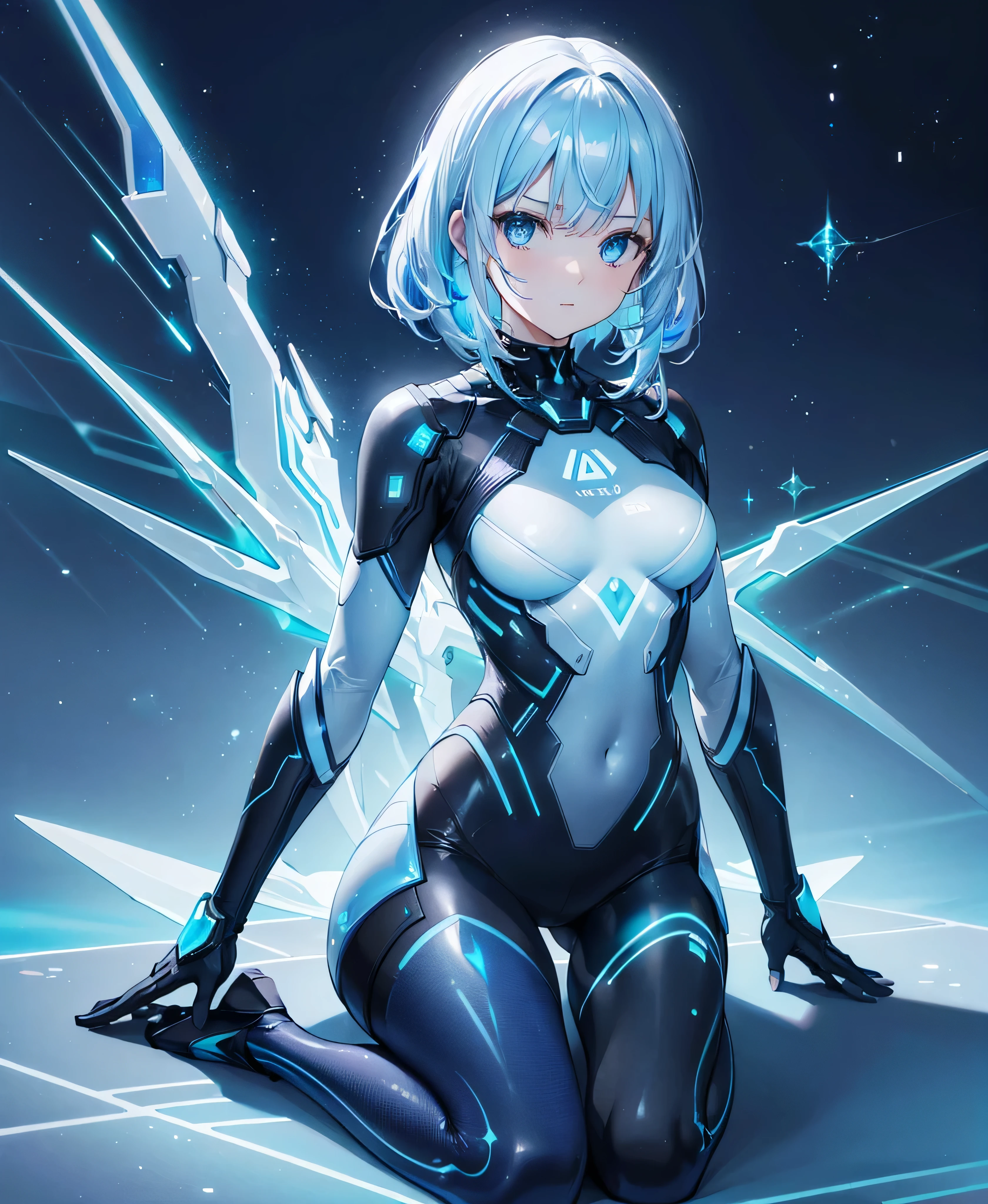 ((Holographic glow effect)),8k, Highest quality, (real:1.4), Original photo, 1 person, Asari Hair, Biological Amplifier, refined armor, posture: Peace talks between warring factions, smart blue eyes,whole body