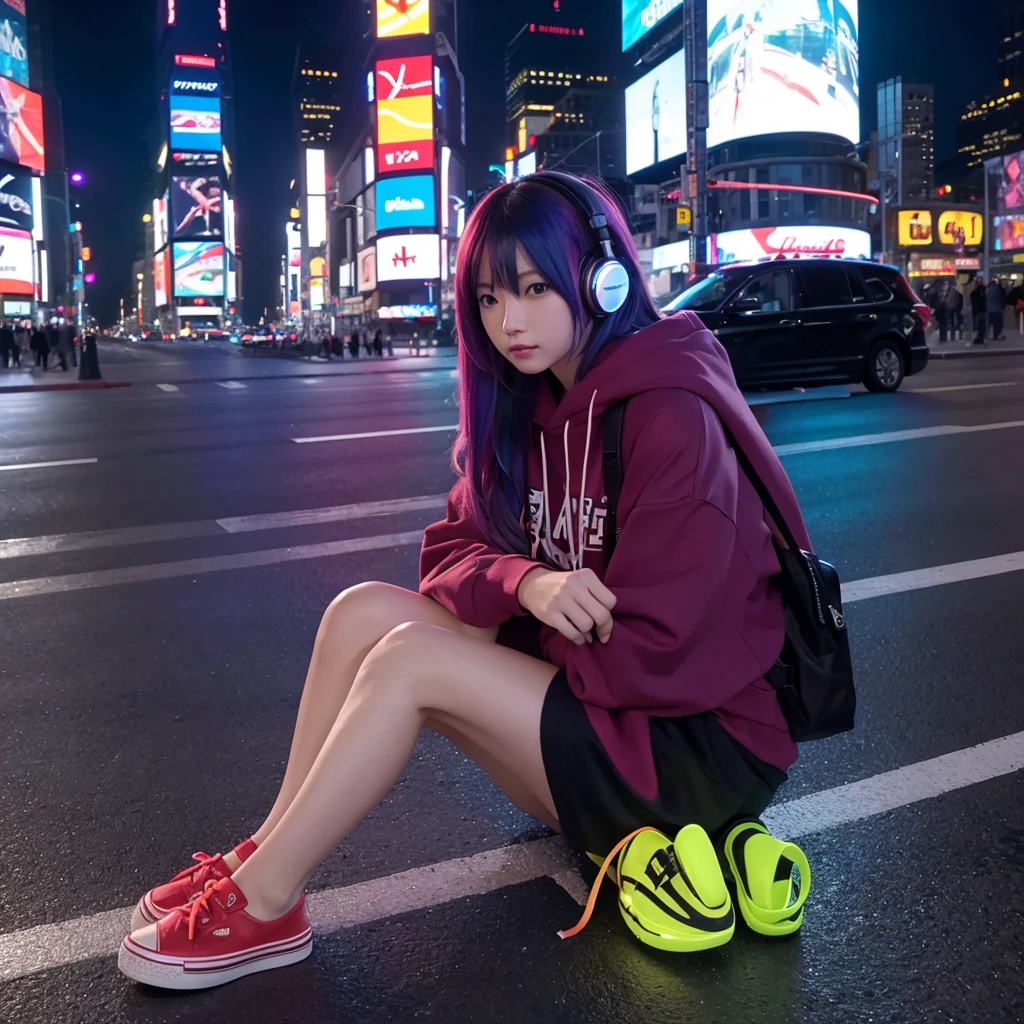 (In 8K、RAW Photos、Highest quality、masterpiece:1.2)、(Realistic、Photorealistic:1.37)、Very detailed、Ultra-high resolution、1 person、alone、Rainbow Hair、hoodie、Espadrilles、Straight hair、Headphones、length、(Center of the intersection)、(Sit on the ground)、night、neon、Times square、cyber punk、Physically Based Rendering、Cinema Lighting、Dynamic Angle