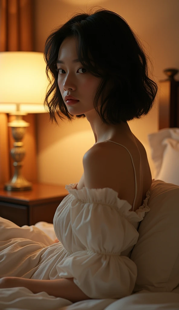 (Best quality, Japanese woman, 4, short black hair, (relaxed pose), luxury city hotel room, (cozy lighting))