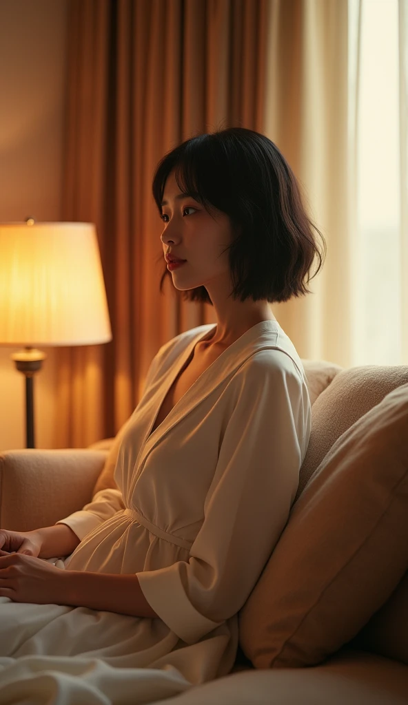 (Best quality, Japanese woman, 4, short black hair, (relaxed pose), luxury city hotel room, (cozy lighting))