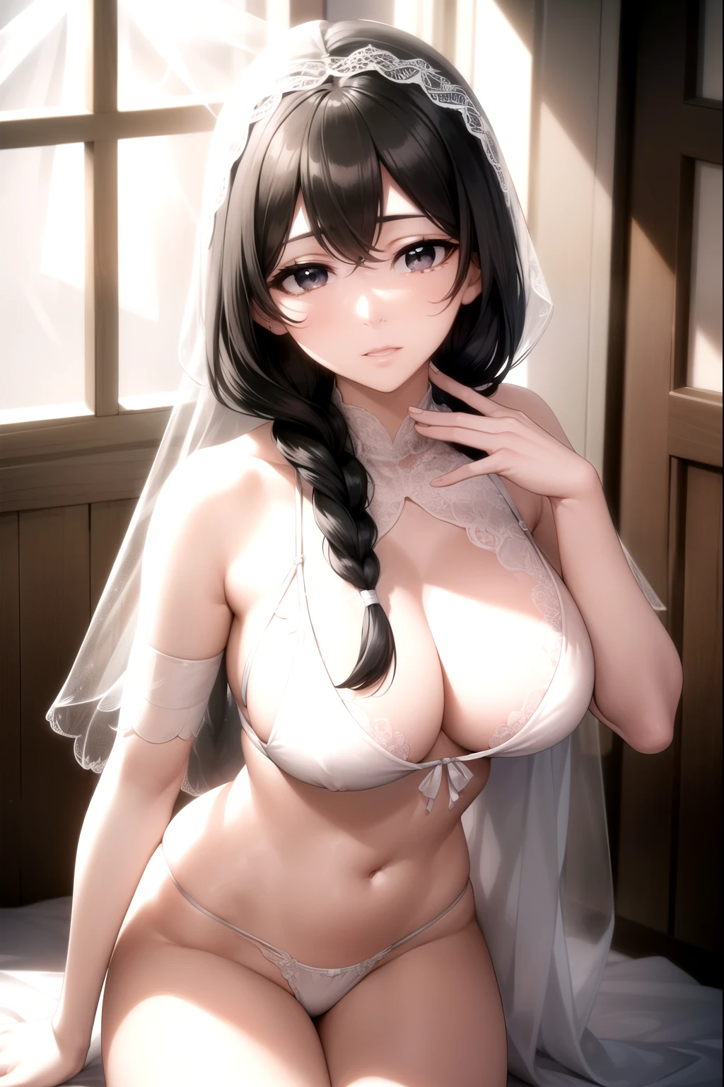 Usohana, Usohana, Long hair, Black Hair, Weaving, single Weaving, (black eyes:1.5),
bridal veil, bride, white bra, white lace, white panty,
rest looking at viewer, whole body,
rest indoors,
rest (masterpiece:1.2), best quality, high resolution, Unity 8K wallpaper, (illustration:0.8), (Beautiful and delicate eyes:1.6), Extremely detailed face, Perfect lighting, Extremely detailed CG, (Perfect hands, Perfect anatomical structure),