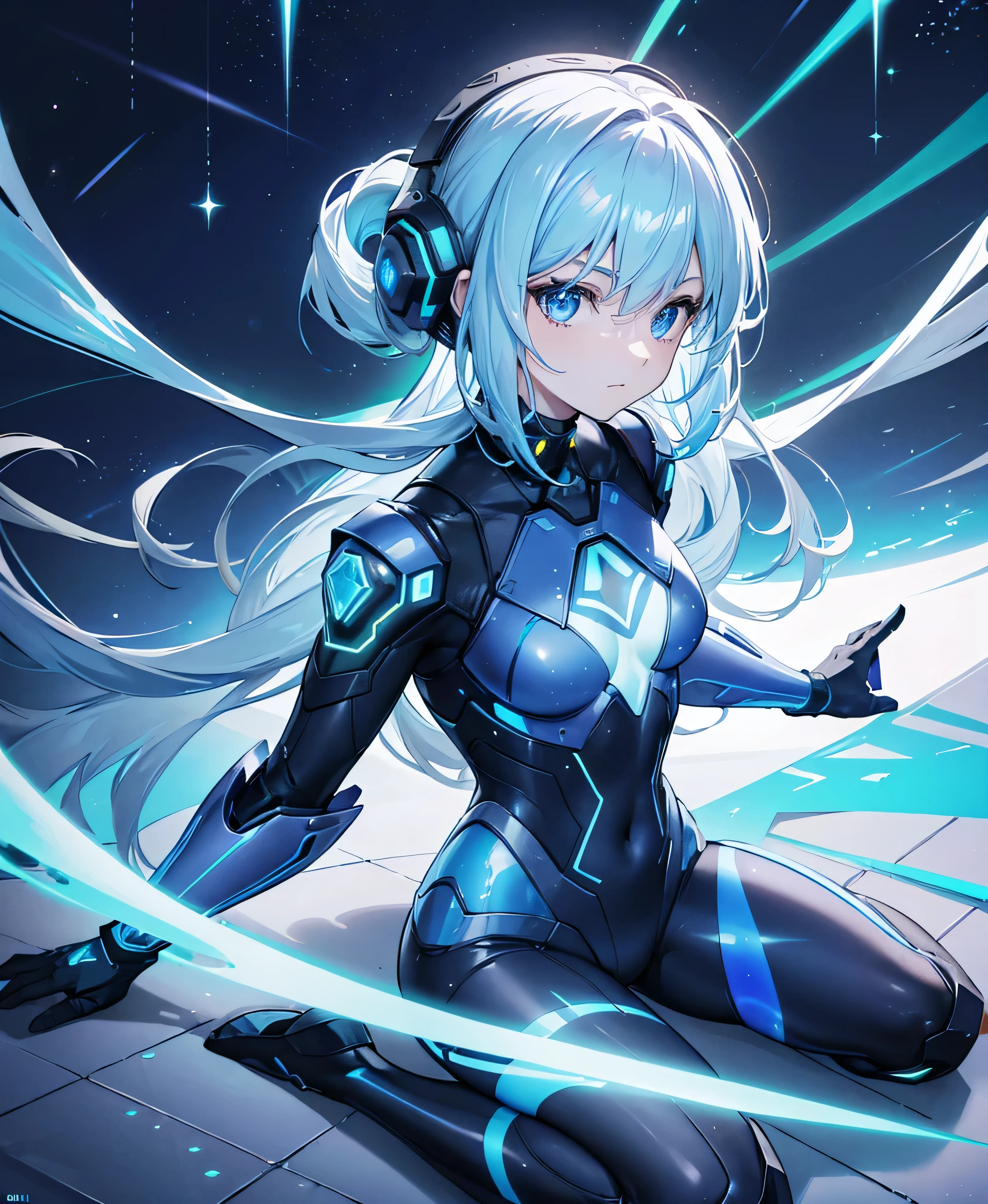 ((Holographic glow effect)),8k, Highest quality, (real:1.4), Original photo, 1 person, Asari Hair, Biological Amplifier, refined armor, posture: Peace talks between warring factions, smart blue eyes,whole body