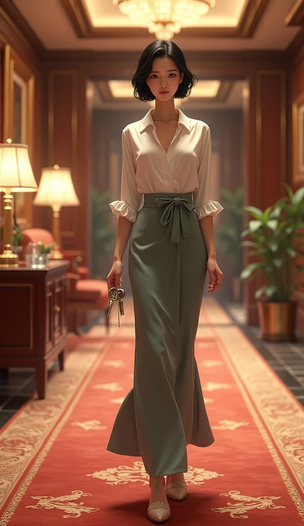 (masterpiece, 1girl, Japanese, 4, short black hair, (holding room key), walking in luxury hotel hallway, elegant atmosphere)
