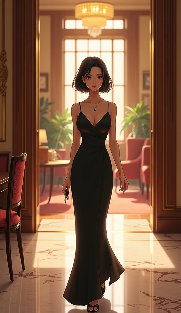 (masterpiece, 1girl, Japanese, 4, short black hair, (holding room key), walking in luxury hotel hallway, elegant atmosphere)
