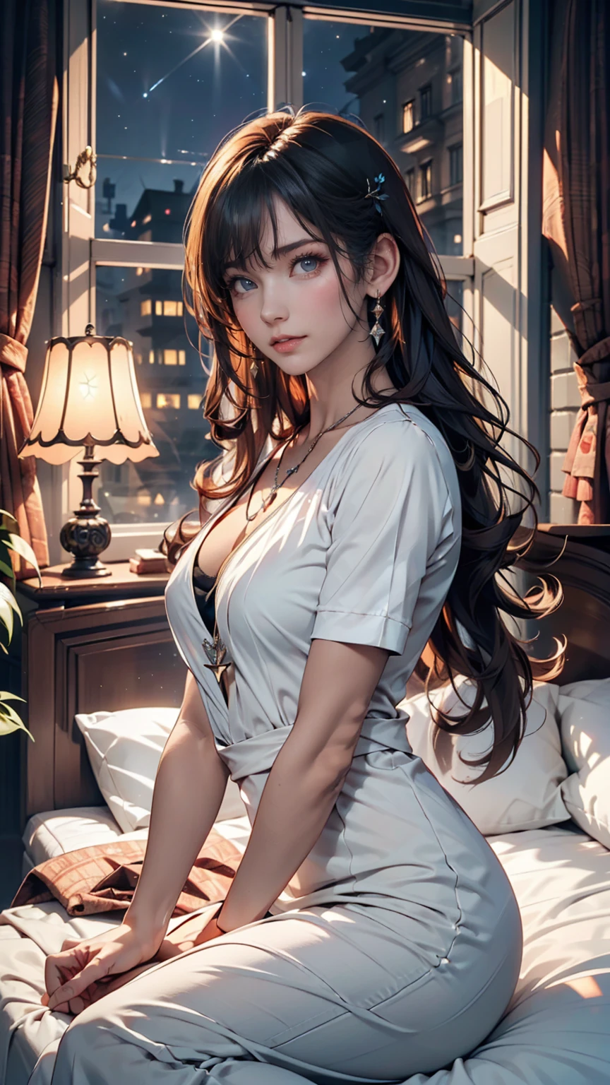 (​masterpiece、top-quality、hight resolution), In a dimly lit hotel room, a man sits on the edge of the bed, looking shocked and uncomfortable. Standing in front of him is a woman dressed as an escort, who he quickly recognizes as the delinquent girl who used to bully him in school. Her expression is a mix of surprise and amusement as she realizes who he is. She stands with one hand on her hip and a teasing smile on her face, clearly enjoying his discomfort. The room is simple, with a bed, nightstand, and dim lighting, creating an intimate yet tense atmosphere. The focus is on their facial expressions and body language, highlighting the awkward and unexpected reunion. nsfw