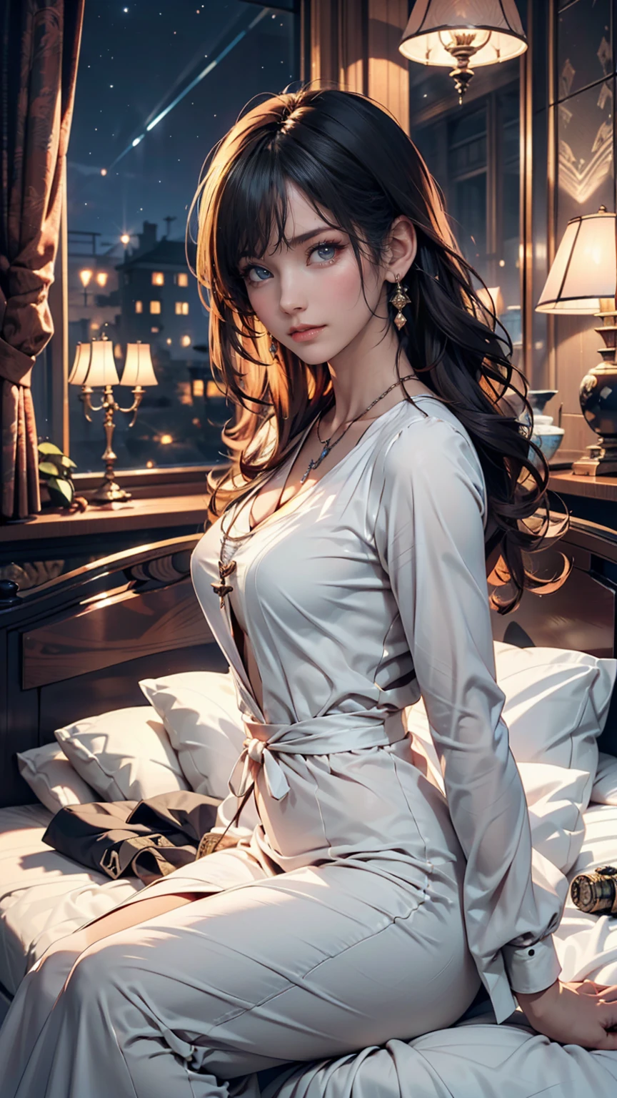 ((masainterpiece, besaint quality)),, saint. Louis (Luxury Wheels) (Azur Lane), High resolution, highesaint quallity, illusaintration, Cinematic Light, Super detailed, Detailed face, (Detailed eyes), besaint quality, Super detailed, masainterpiece, (Detailed face), large breasaints, hair ornaments, Earrings, necklace, Portraiture, Silver Dress, Revealing clothing,highesaint details, Glowing Eyes, (Hotel:1.2), Sitting in bed, Sitting, bed, window, Night Sky, Backlight, light, (high contrasaint), (colorful),